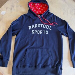 Mens Barstool Sports Large Navy Blue Embroidered Hoodie Sweatshirt Logo On Hood